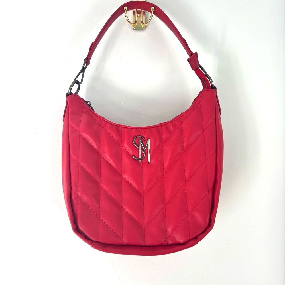 Y2K Steve Madden Red Quilted Hobo Shoulder Bag Gunmetal SM Logo